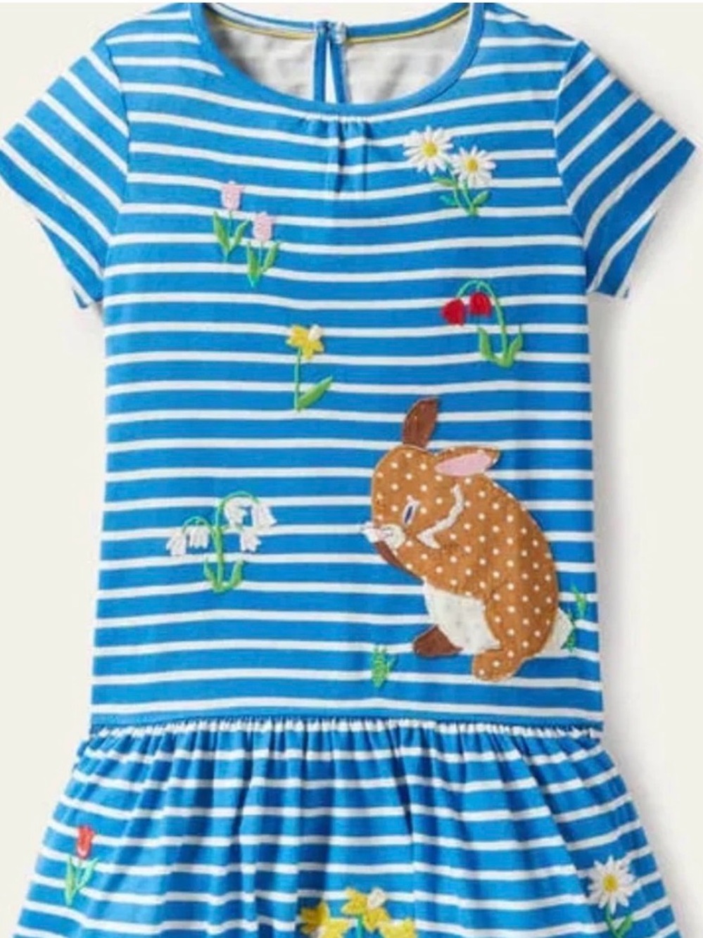 Mini Boden Blue Striped Girl's Dress with Bunny & Floral Appliqué Size 3-4T